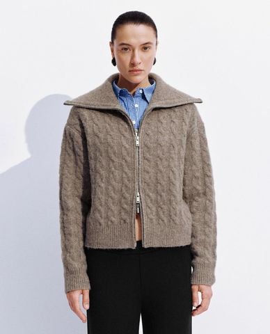  URBAN REVIVO - Áo khoác cardigan nữ cổ lớn khoá zip 