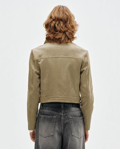  URBAN REVIVO - Áo khoác croptop nữ cổ bẻ tay dài khóa kéo 