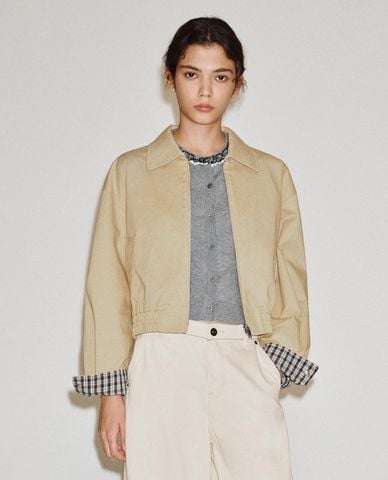  URBAN REVIVO - Áo khoác croptop nữ cổ bẻ sọc caro 