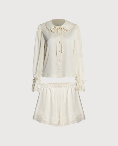  VERA BY CHIPU - Bộ pijama ngắn nữ satin trơn phối ren 