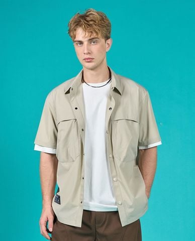  KANGOL - Áo sơ mi unisex cổ bẻ tay ngắn túi hộp 