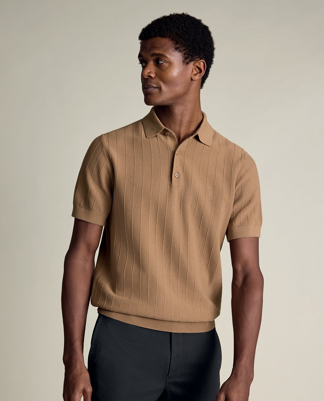 CHARLES TYRWHITT - Áo dệt kim nam cổ bẻ tay ngắn kẻ sọc