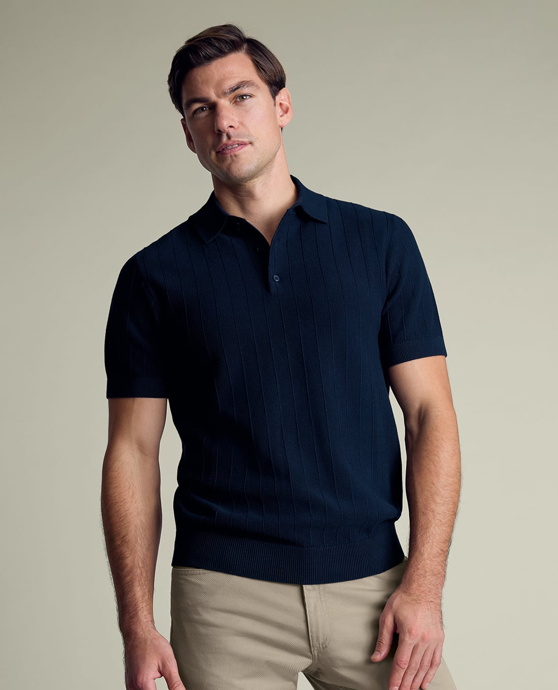 CHARLES TYRWHITT - Áo dệt kim nam cổ bẻ tay ngắn kẻ sọc