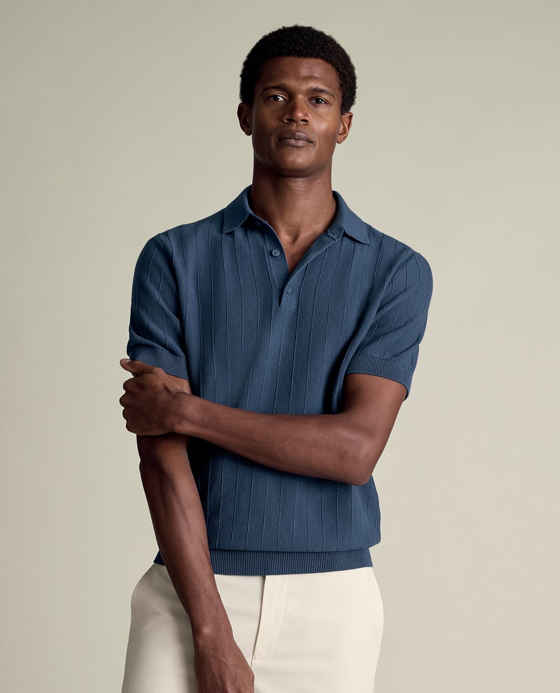 CHARLES TYRWHITT - Áo dệt kim nam cổ bẻ tay ngắn kẻ sọc