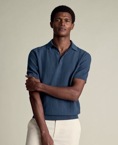  CHARLES TYRWHITT - Áo dệt kim nam cổ bẻ tay ngắn kẻ sọc 