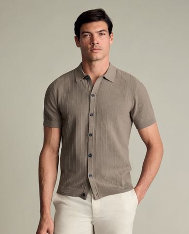  CHARLES TYRWHITT - Áo dệt kim nam cổ bẻ tay ngắn kẻ sọc 