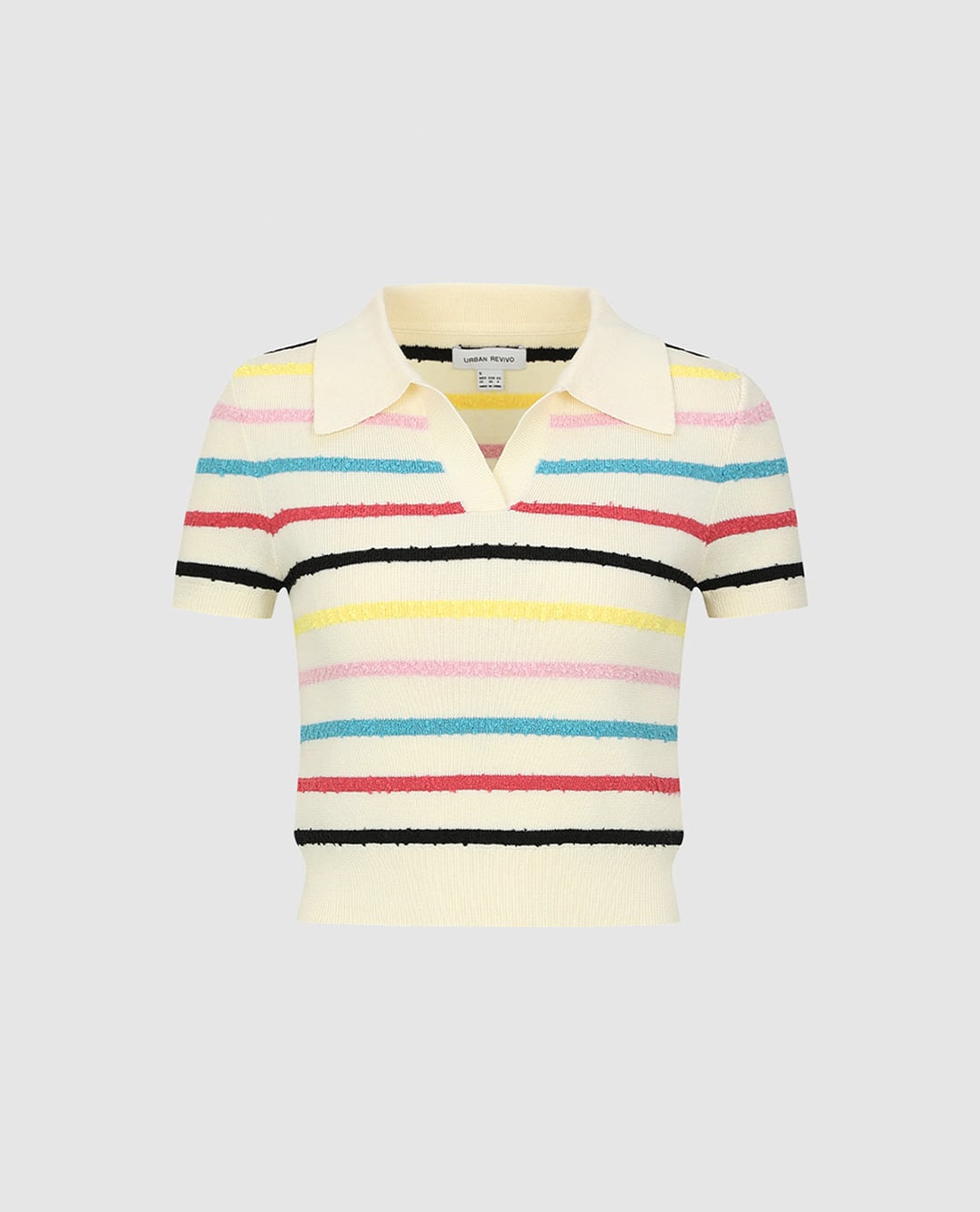 URBAN REVIVO - Áo polo nữ dệt kim cổ bẻ tay ngắn kẻ sọc