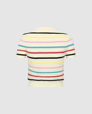  URBAN REVIVO - Áo polo nữ dệt kim cổ bẻ tay ngắn kẻ sọc 