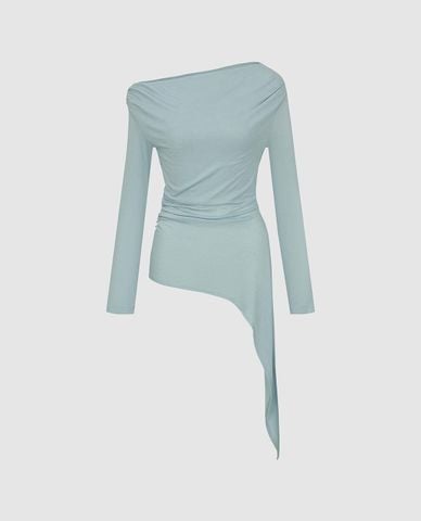 URBAN REVIVO - Áo trễ vai nữ tay dài vạt bất đối xứng 