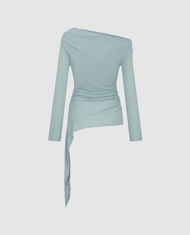  URBAN REVIVO - Áo trễ vai nữ tay dài vạt bất đối xứng 