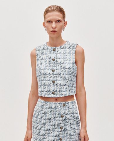  URBAN REVIVO - Áo khoác tweed nữ sát nách phom croptop 