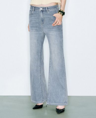  URBAN REVIVO - Quần jeans nữ ống rộng wash bạc 