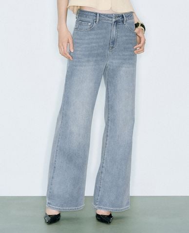  URBAN REVIVO - Quần jeans nữ ống rộng wash bạc 
