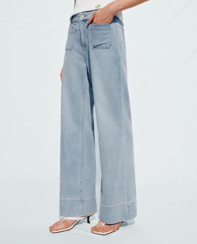  URBAN REVIVO - Quần jeans nữ ống rộng xắn gấu 