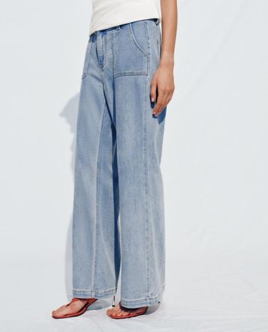  URBAN REVIVO - Quần jeans nữ ống rộng phối túi 