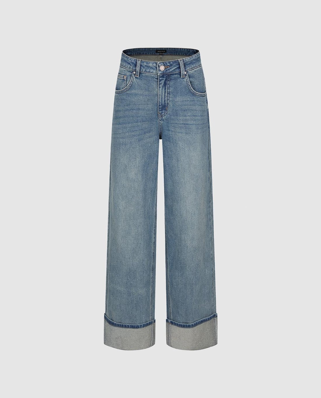 URBAN REVIVO - Quần jeans nữ ống rộng wash bạc gập gấu