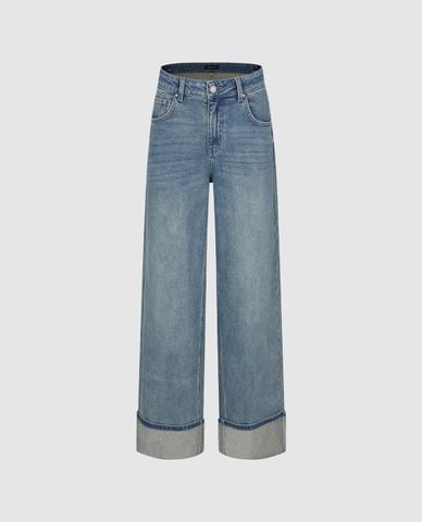 URBAN REVIVO - Quần jeans nữ ống rộng wash bạc gập gấu 