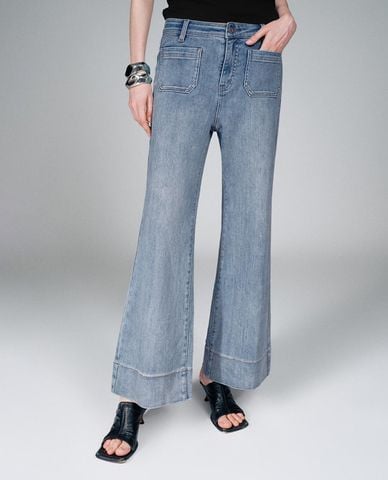  URBAN REVIVO - Quần jeans nữ ống loe wash bạc 