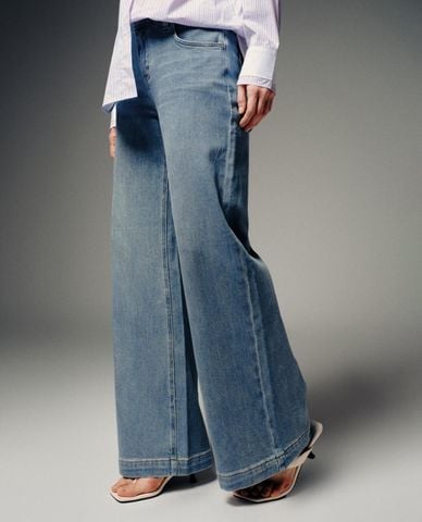  URBAN REVIVO - Quần jeans nữ ống rộng wash bạc 