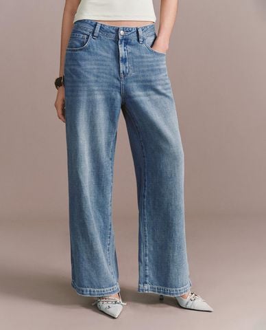  URBAN REVIVO - Quần jeans nữ ống rộng wash bạc 