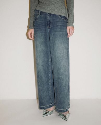  URBAN REVIVO - Quần jeans nữ ống rộng wash bạc 