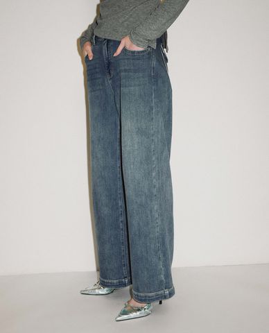  URBAN REVIVO - Quần jeans nữ ống rộng wash bạc 