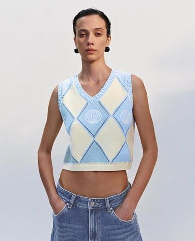  URBAN REVIVO - Áo dệt kim nữ sát nách cổ V phom croptop 