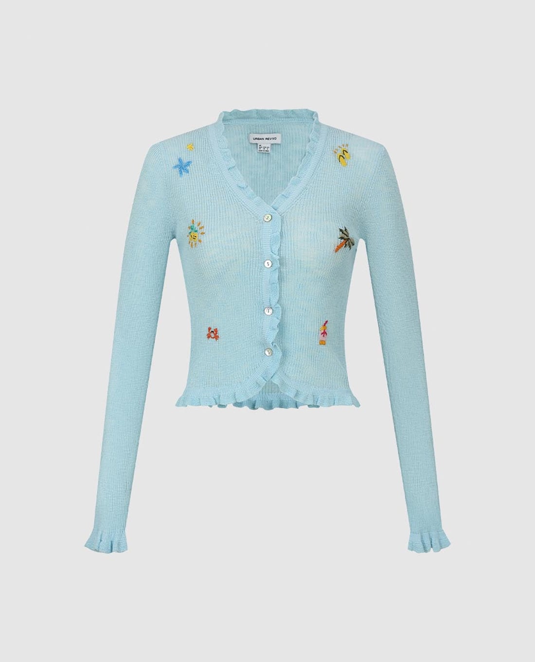 URBAN REVIVO - Áo khoác dệt kim nữ viền bèo thêu họa tiết