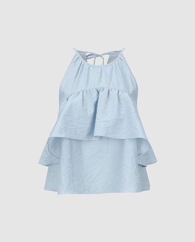  URBAN REVIVO - Áo kiểu nữ cổ yếm phối bèo xếp tầng 