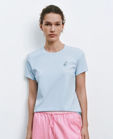  URBAN REVIVO - Áo thun nữ cổ tròn tay ngắn phối họa tiết 