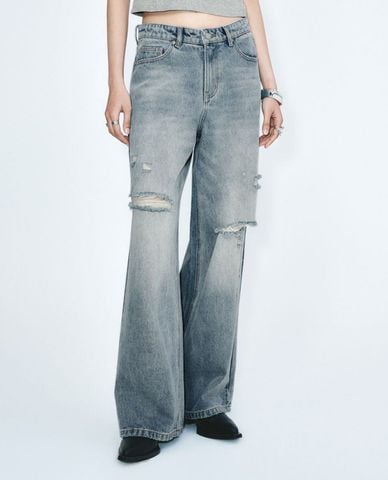  URBAN REVIVO - Quần jeans nữ ống rộng rách gối 