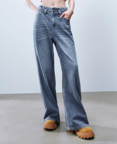  URBAN REVIVO - Quần jeans nữ ống rộng wash bạc 