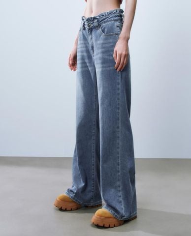  URBAN REVIVO - Quần jeans nữ ống rộng wash bạc 