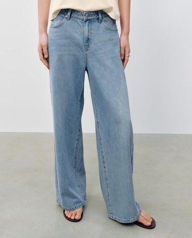  URBAN REVIVO - Quần jeans nữ ống rộng wash bạc 