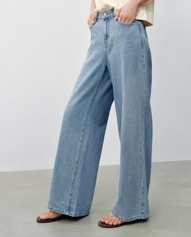  URBAN REVIVO - Quần jeans nữ ống rộng wash bạc 