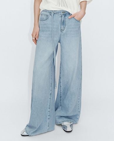 URBAN REVIVO - Quần jeans nữ ống rộng wash bạc 