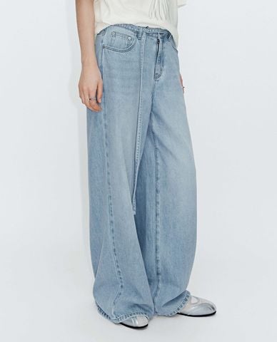  URBAN REVIVO - Quần jeans nữ ống rộng wash bạc 