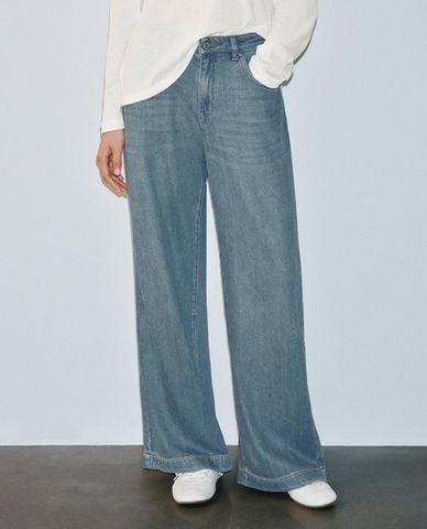  URBAN REVIVO - Quần jeans nữ ống rộng wash bạc 