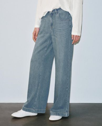  URBAN REVIVO - Quần jeans nữ ống rộng wash bạc 