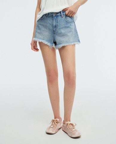  URBAN REVIVO - Quần short jeans nữ wash bạc tua rua 
