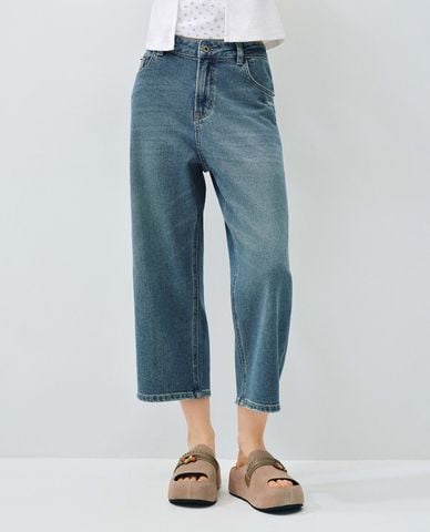  URBAN REVIVO - Quần jeans nữ ống rộng wash bạc cổ điển 