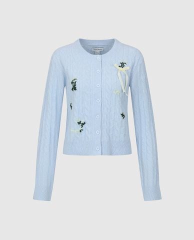  URBAN REVIVO - Áo khoác cardigan nữ tay dài thêu hoa phối nơ 