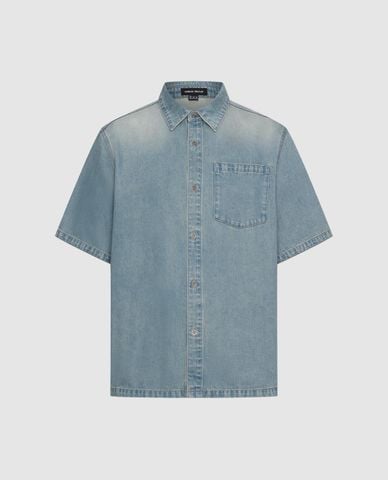  URBAN REVIVO - Áo sơ mi denim nam cổ bẻ tay ngắn 