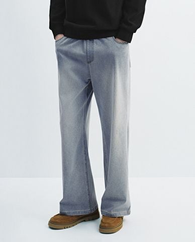  URBAN REVIVO - Quần jeans nam ống rộng lưng thun phối dây rút 