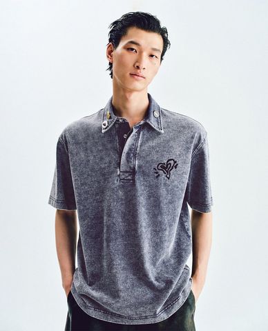  URBAN REVIVO - Áo polo nam tay ngắn wash bạc 