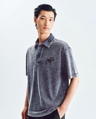  URBAN REVIVO - Áo polo nam tay ngắn wash bạc 