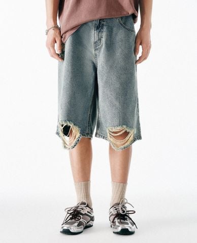  URBAN REVIVO - Quần short jeans nam rách gối cá tính 