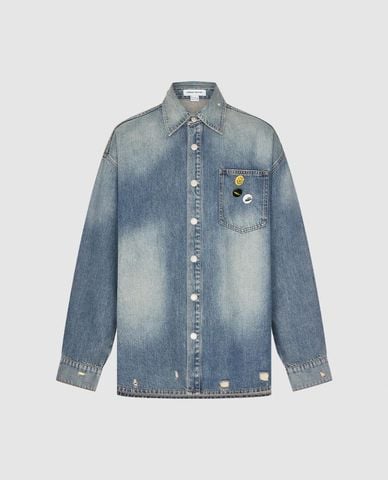  URBAN REVIVO - Áo khoác denim nam cổ bẻ tay dài wash bạc 