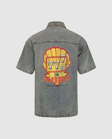  URBAN REVIVO - Áo sơ mi denim nam cổ bẻ tay ngắn in họa tiết 