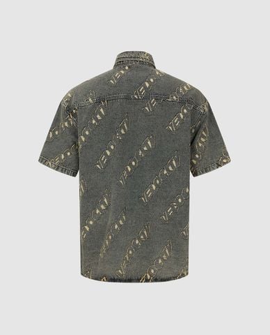  URBAN REVIVO - Áo sơ mi denim nam tay ngắn họa tiết chữ 
